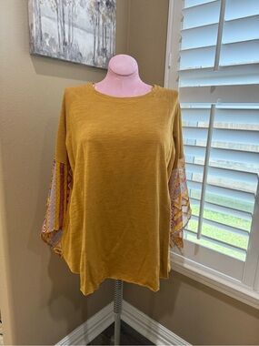 Umgee Mustard Tunic with Patterned Boho Sleeves